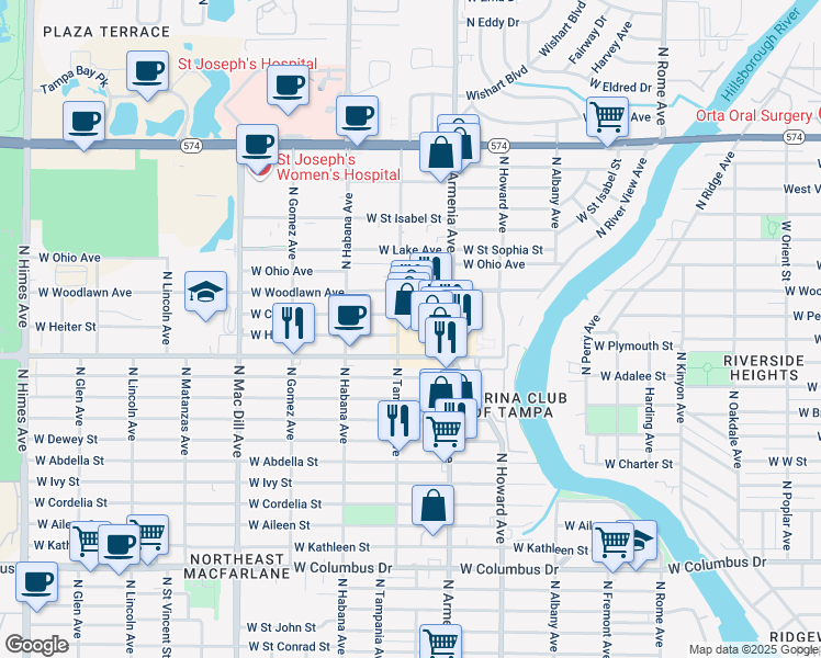 map of restaurants, bars, coffee shops, grocery stores, and more near 4030 Fiesta Plaza in Tampa