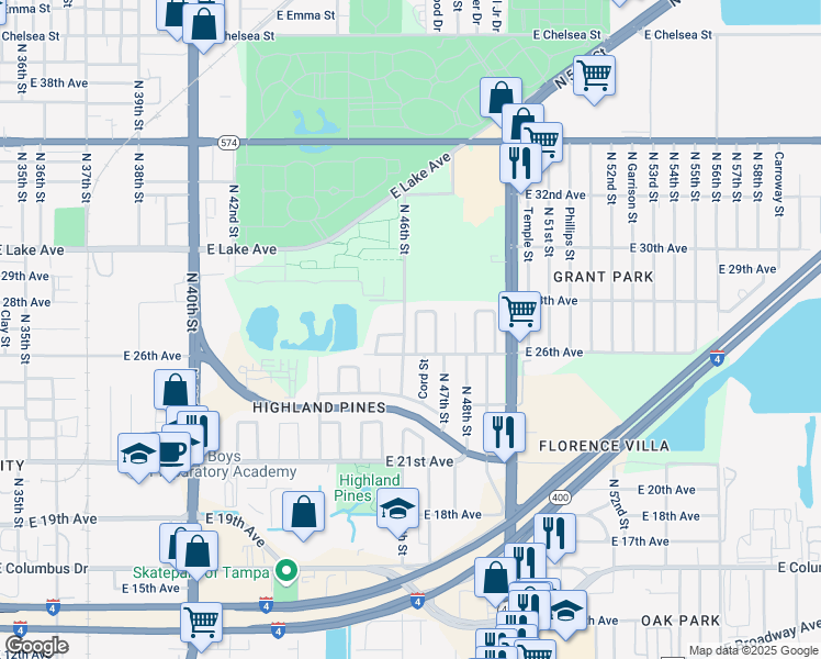 map of restaurants, bars, coffee shops, grocery stores, and more near 3410 Cord Street in Tampa