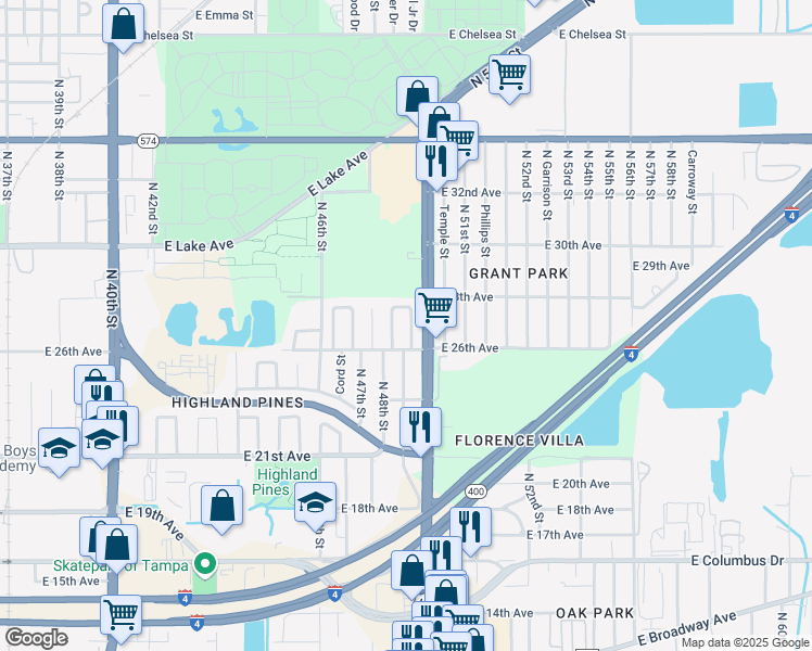 map of restaurants, bars, coffee shops, grocery stores, and more near 3410 North 49th Street in Tampa