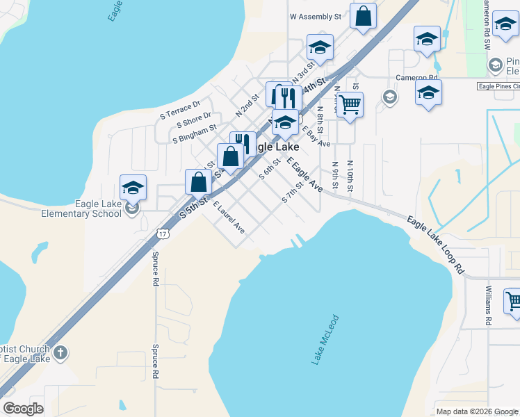 map of restaurants, bars, coffee shops, grocery stores, and more near 688 East McLeod Avenue in Eagle Lake