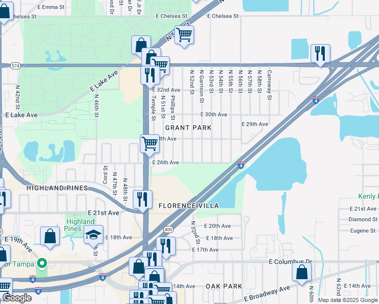 map of restaurants, bars, coffee shops, grocery stores, and more near 3412 North 52nd Street in Tampa
