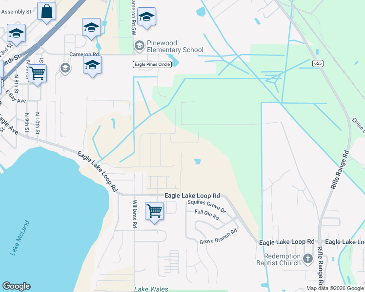 map of restaurants, bars, coffee shops, grocery stores, and more near Hayes Road in Eagle Lake