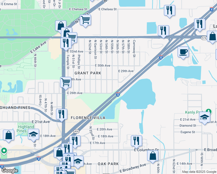 map of restaurants, bars, coffee shops, grocery stores, and more near 3411 North 54th Street in Tampa