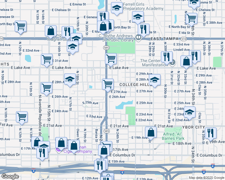 map of restaurants, bars, coffee shops, grocery stores, and more near 2210 East 27th Avenue in Tampa