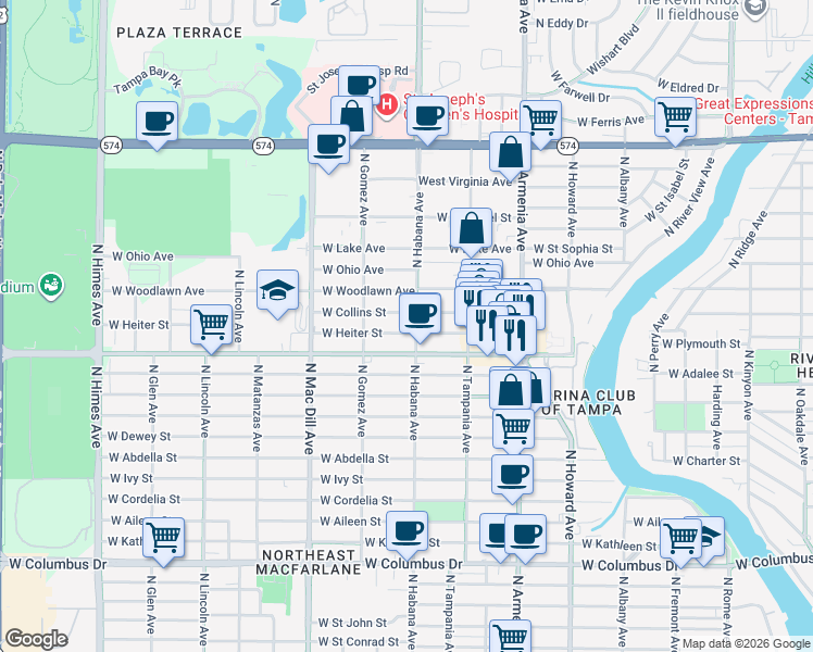 map of restaurants, bars, coffee shops, grocery stores, and more near 2907 West Heiter Street in Tampa