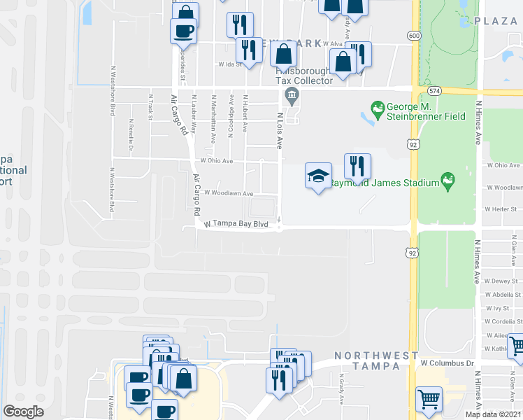 map of restaurants, bars, coffee shops, grocery stores, and more near 4010 North Lois Avenue in Tampa