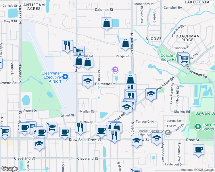 map of restaurants, bars, coffee shops, grocery stores, and more near 2056 Carriage Lane in Clearwater