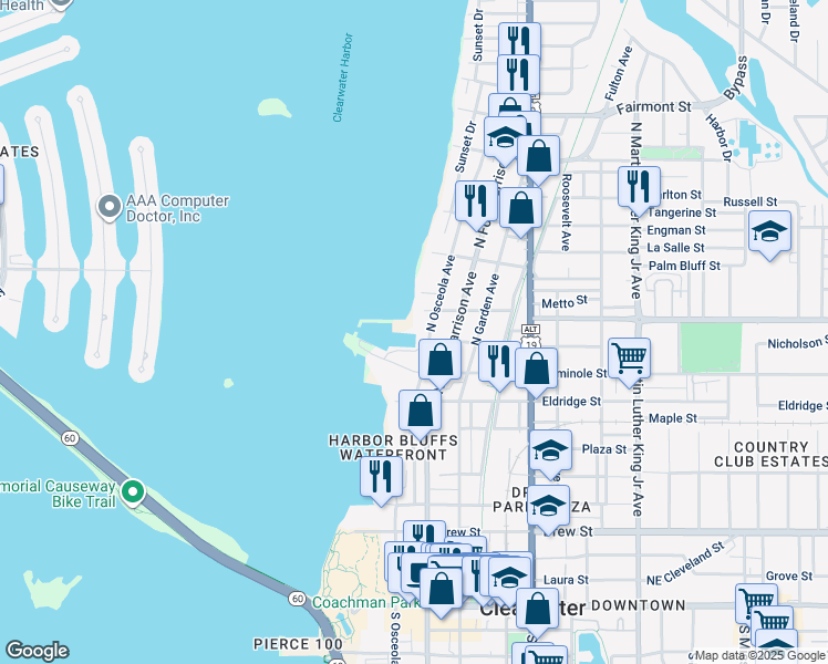 map of restaurants, bars, coffee shops, grocery stores, and more near 900 North Fort Harrison Avenue in Clearwater
