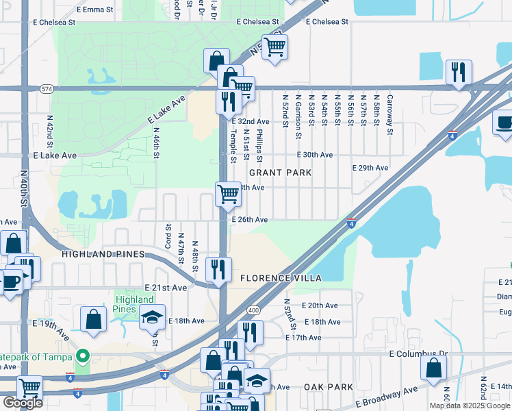 map of restaurants, bars, coffee shops, grocery stores, and more near 3412 Phillips Street in Tampa