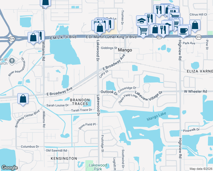 map of restaurants, bars, coffee shops, grocery stores, and more near 2109 Redleaf Drive in Brandon