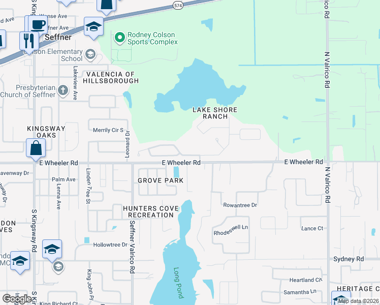 map of restaurants, bars, coffee shops, grocery stores, and more near 1112 Lake Shore Ranch Drive in Seffner