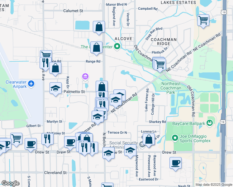 map of restaurants, bars, coffee shops, grocery stores, and more near 2223 Palmetto Street in Clearwater