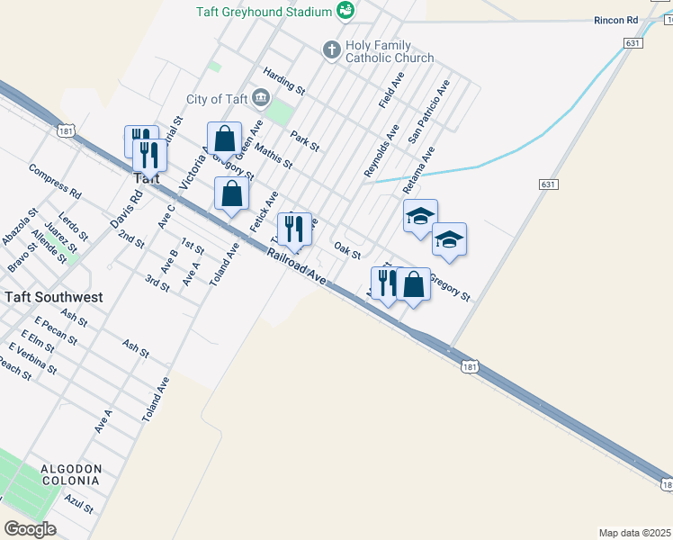map of restaurants, bars, coffee shops, grocery stores, and more near 107 San Patricio Avenue in Taft