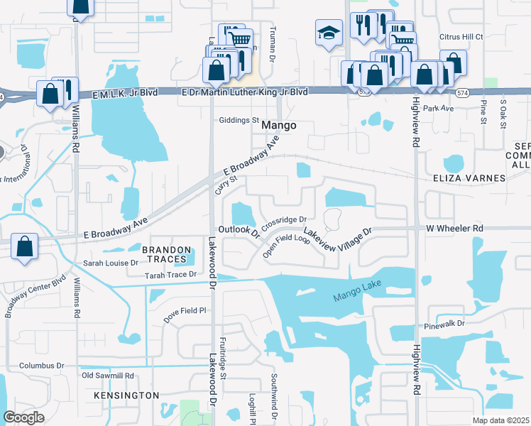 map of restaurants, bars, coffee shops, grocery stores, and more near 2110 Shady Point Lane in Brandon