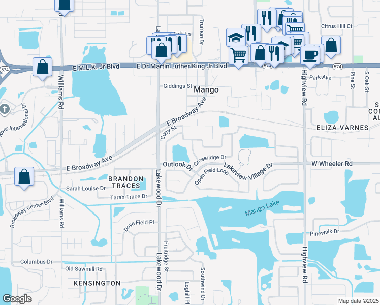 map of restaurants, bars, coffee shops, grocery stores, and more near 2110 Shady Point Lane in Brandon