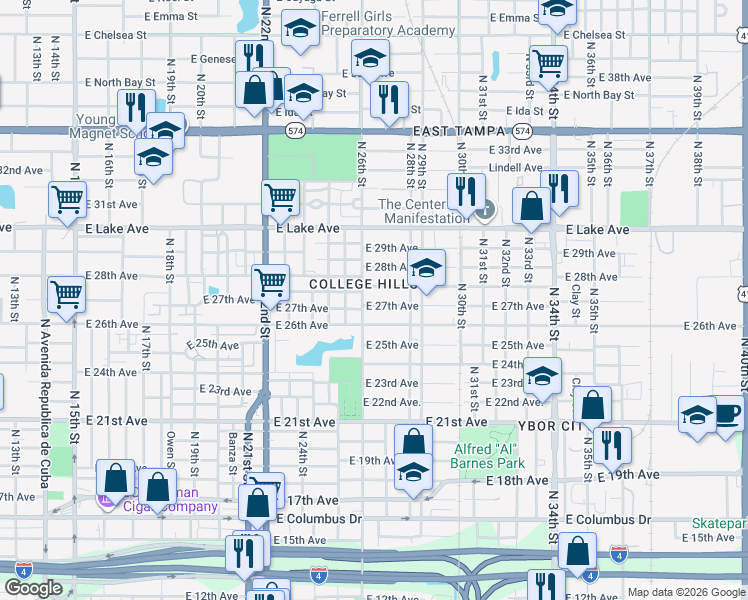 map of restaurants, bars, coffee shops, grocery stores, and more near 2608 East 27th Avenue in Tampa