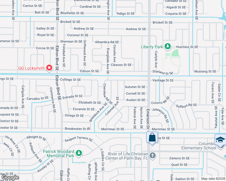map of restaurants, bars, coffee shops, grocery stores, and more near 947 Braddock Avenue Southeast in Palm Bay