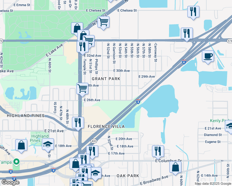 map of restaurants, bars, coffee shops, grocery stores, and more near 3411 North Garrison Street in Tampa