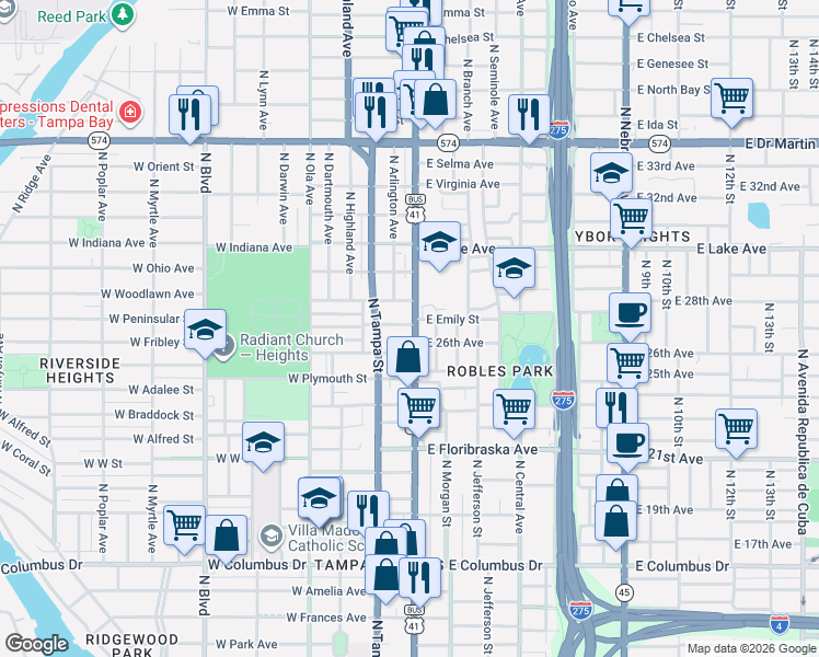 map of restaurants, bars, coffee shops, grocery stores, and more near 3308 North Florida Avenue in Tampa