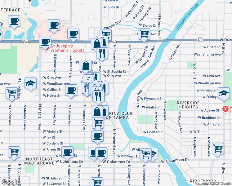 map of restaurants, bars, coffee shops, grocery stores, and more near 4009 North Howard Avenue in Tampa
