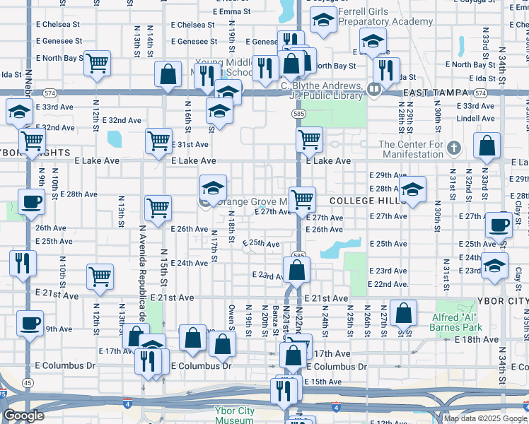 map of restaurants, bars, coffee shops, grocery stores, and more near 1951 East 27th Avenue in Tampa