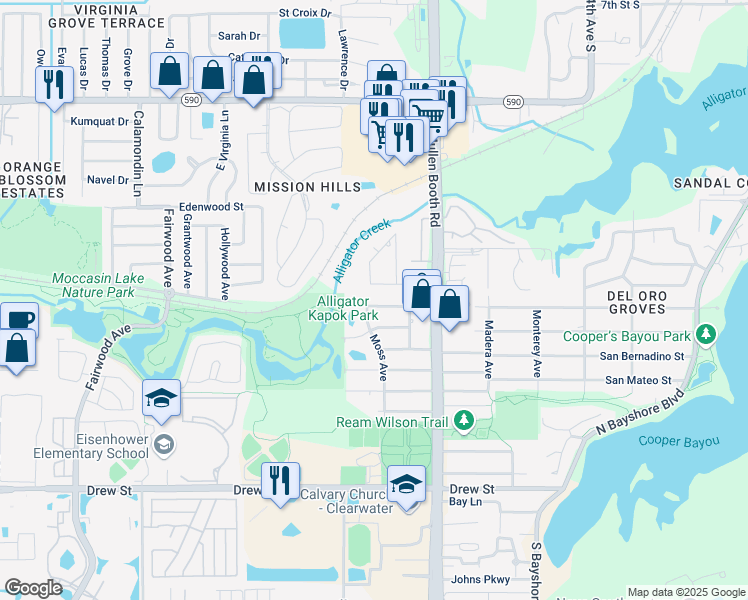 map of restaurants, bars, coffee shops, grocery stores, and more near 3030 Glen Oak Avenue North in Clearwater