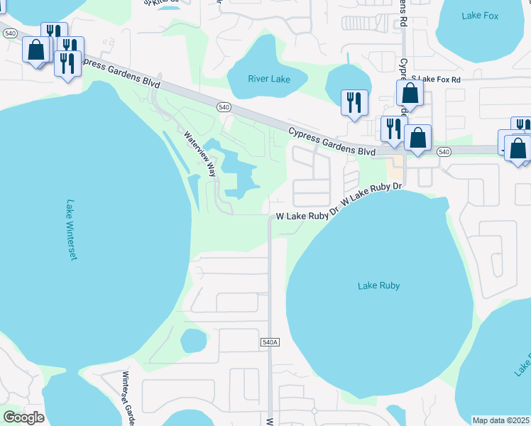 map of restaurants, bars, coffee shops, grocery stores, and more near 8501 Waterview Way in Winter Haven