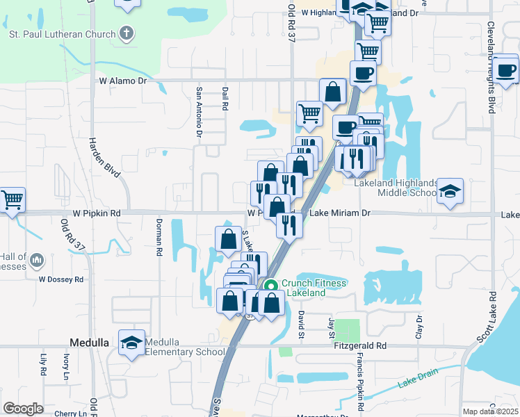 map of restaurants, bars, coffee shops, grocery stores, and more near 329 Market Square East in Lakeland