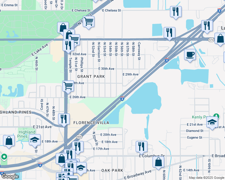 map of restaurants, bars, coffee shops, grocery stores, and more near 3411 North 54th Street in Tampa