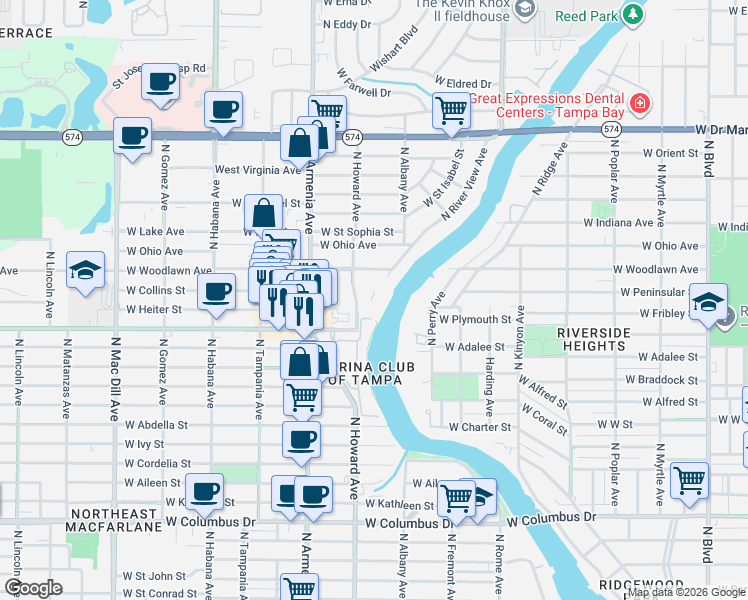 map of restaurants, bars, coffee shops, grocery stores, and more near 4009 North Howard Avenue in Tampa