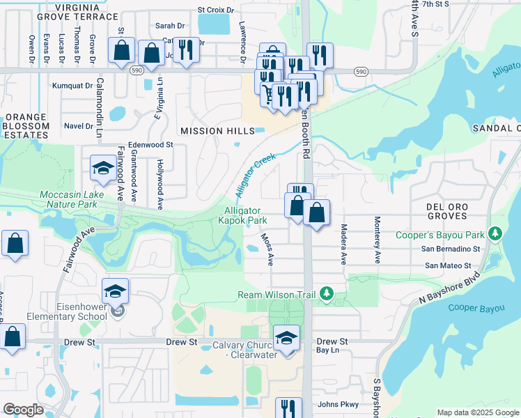 map of restaurants, bars, coffee shops, grocery stores, and more near 3030 Glen Oak Avenue North in Clearwater