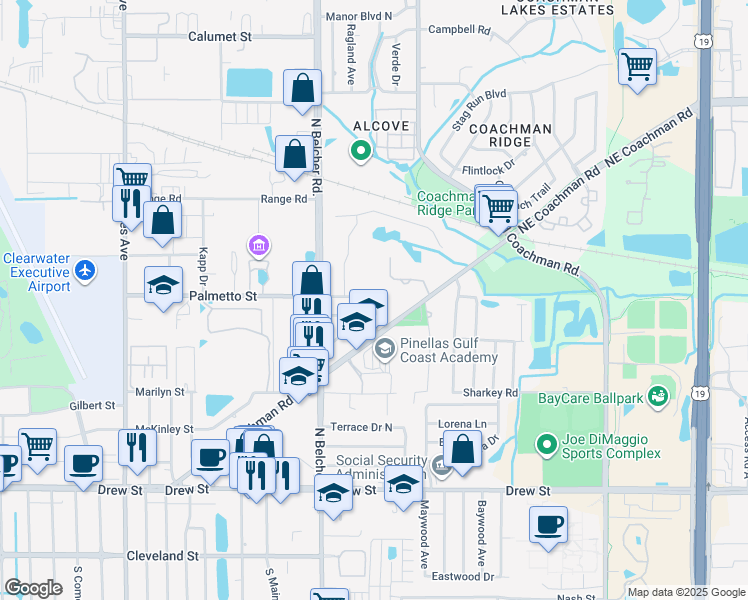 map of restaurants, bars, coffee shops, grocery stores, and more near 2223 Palmetto Street in Clearwater