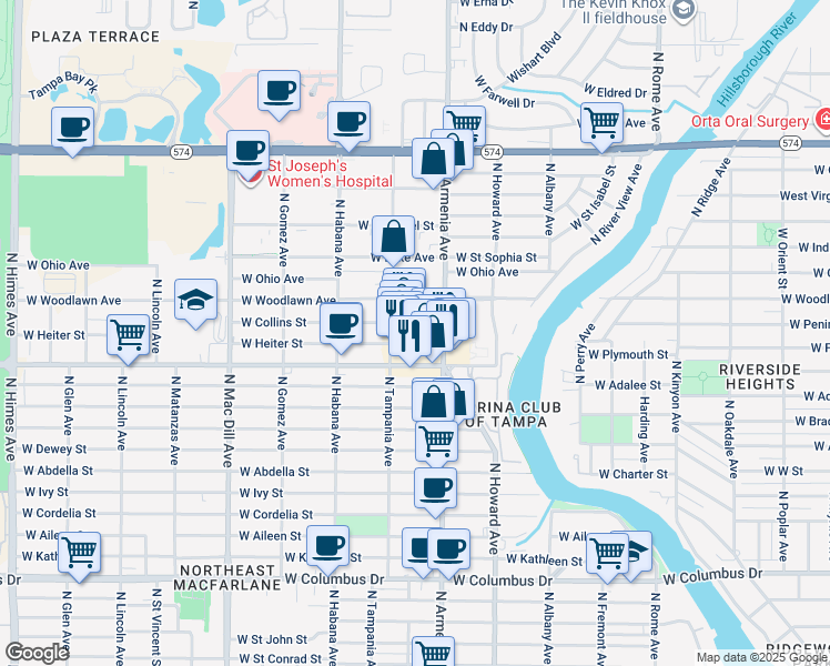 map of restaurants, bars, coffee shops, grocery stores, and more near 4056 North Armenia Avenue in Tampa