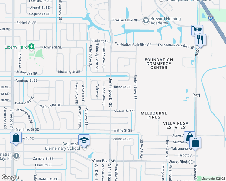 map of restaurants, bars, coffee shops, grocery stores, and more near 958 Ulster Avenue Southeast in Palm Bay