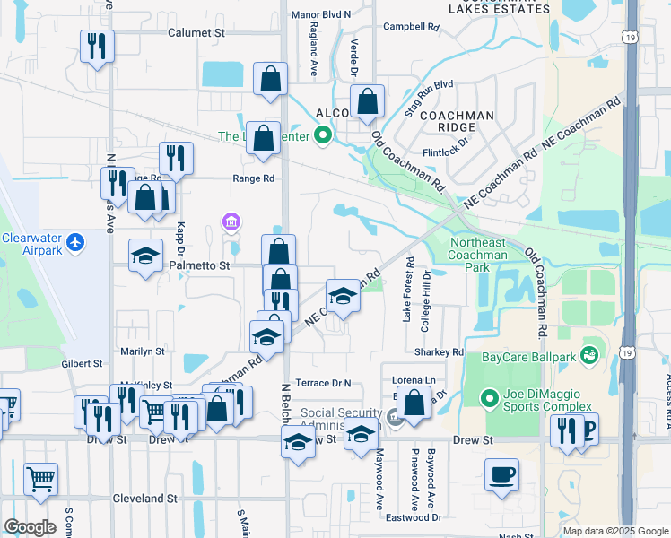 map of restaurants, bars, coffee shops, grocery stores, and more near 2223 Palmetto Street in Clearwater