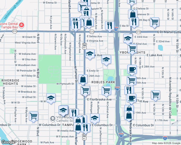 map of restaurants, bars, coffee shops, grocery stores, and more near 3307 North Morgan Street in Tampa