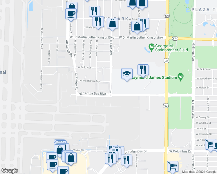 map of restaurants, bars, coffee shops, grocery stores, and more near 4010 North Lois Avenue in Tampa