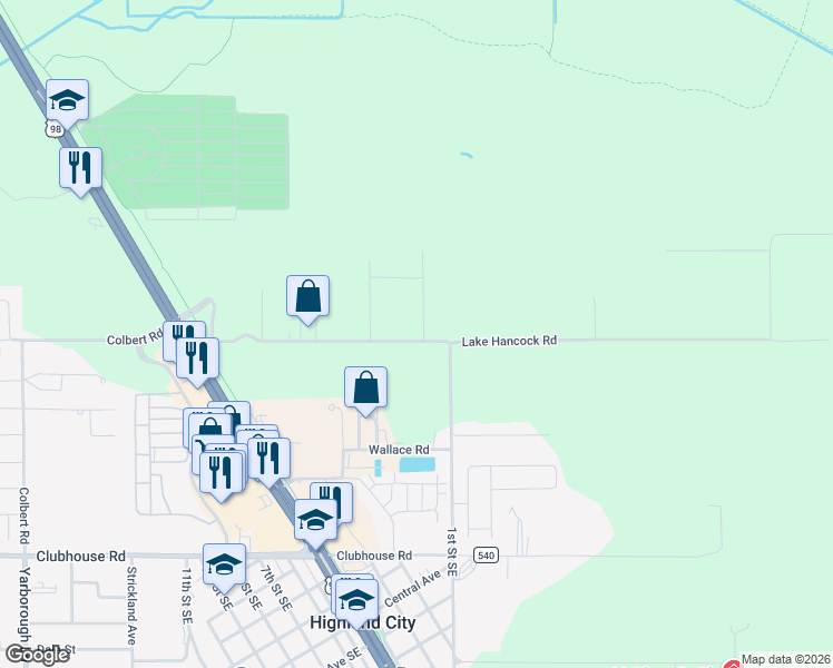 map of restaurants, bars, coffee shops, grocery stores, and more near 4410 Lake Hancock Road in Lakeland