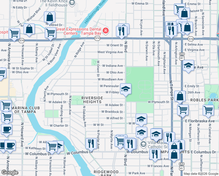 map of restaurants, bars, coffee shops, grocery stores, and more near 804 West Peninsular Street in Tampa