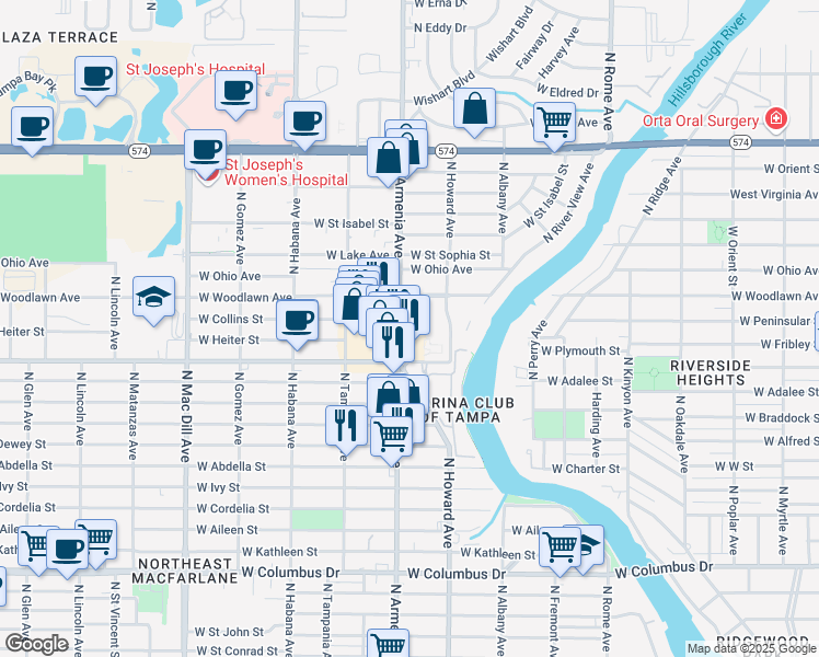 map of restaurants, bars, coffee shops, grocery stores, and more near in Tampa