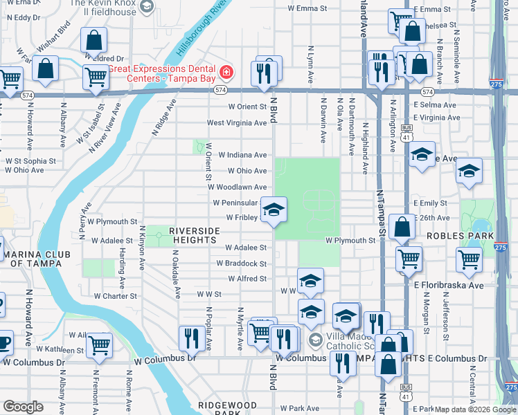 map of restaurants, bars, coffee shops, grocery stores, and more near 710 West Peninsular Street in Tampa
