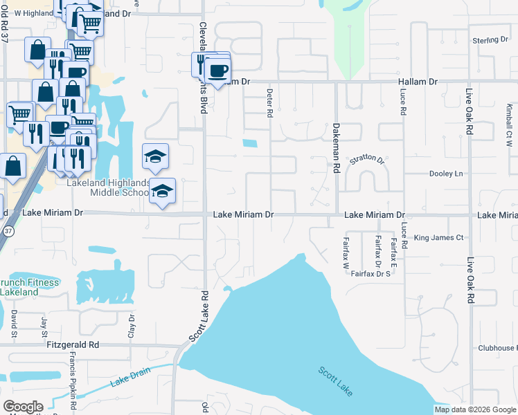 map of restaurants, bars, coffee shops, grocery stores, and more near 1122 Lake Miriam Drive in Lakeland