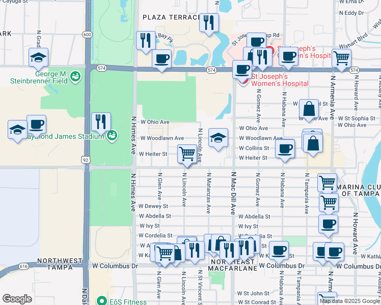 map of restaurants, bars, coffee shops, grocery stores, and more near 3352 West Hidden Haven Court in Tampa