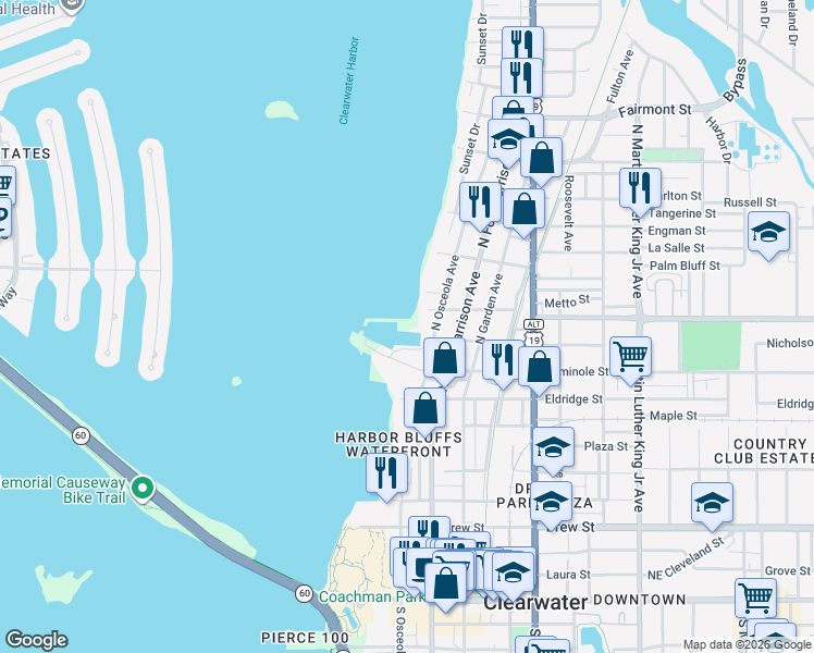 map of restaurants, bars, coffee shops, grocery stores, and more near 301 Cedar Street in Clearwater