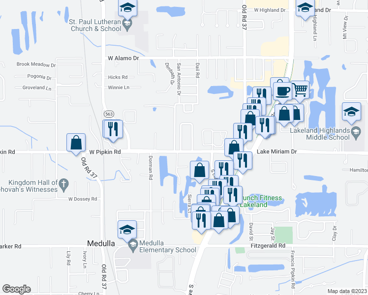 map of restaurants, bars, coffee shops, grocery stores, and more near 615 West Pipkin Road in Lakeland