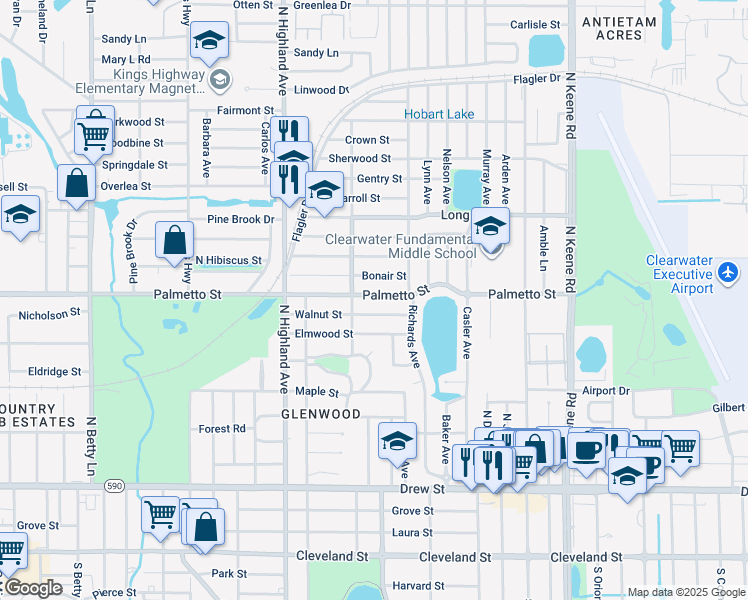 map of restaurants, bars, coffee shops, grocery stores, and more near 1575 Palmetto Street in Clearwater