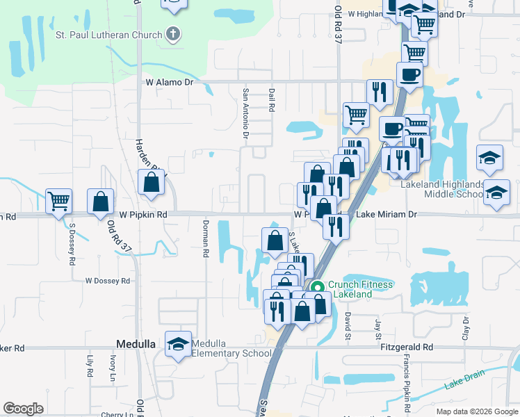 map of restaurants, bars, coffee shops, grocery stores, and more near 615 West Pipkin Road in Lakeland