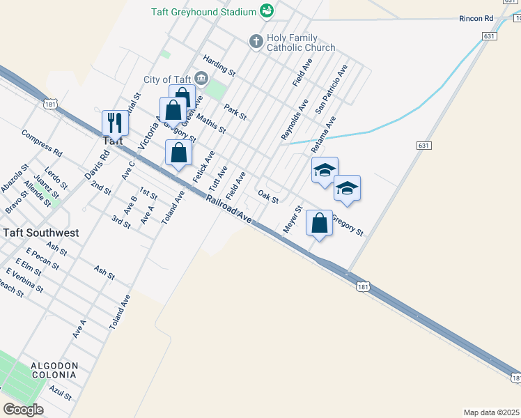 map of restaurants, bars, coffee shops, grocery stores, and more near 107 San Patricio Avenue in Taft