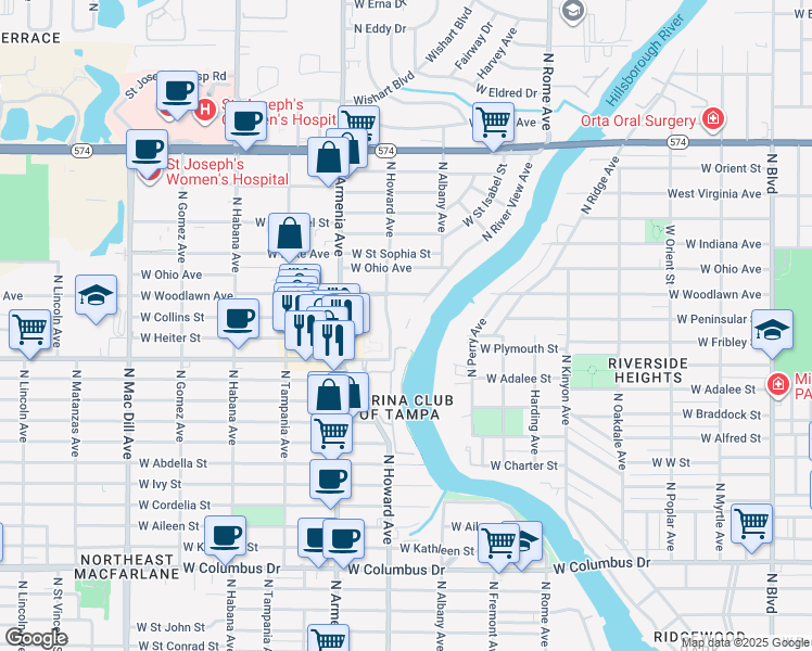 map of restaurants, bars, coffee shops, grocery stores, and more near 4015 North River View Avenue in Tampa