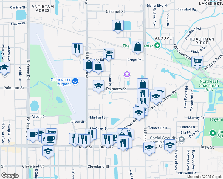 map of restaurants, bars, coffee shops, grocery stores, and more near 2056 Carriage Lane in Clearwater